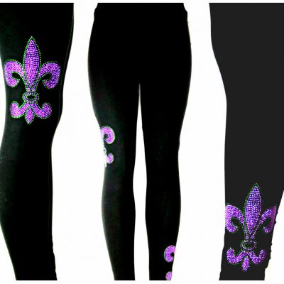 Plus One Size Leggings Embellished Shiny Purple Stud Mardi Gras Fleur de Lis