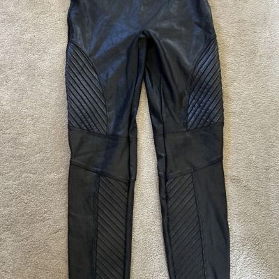 WOMENS SPANX FAUX LEATHER MOTO COMPRESSION LEGGINGS SZ L LARGE T7