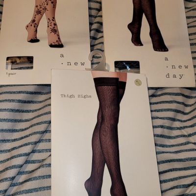 Lot Of 3-A New Day Womens Fashion Tights Size M/L  And S/M NWT One Pair Thigh Hi