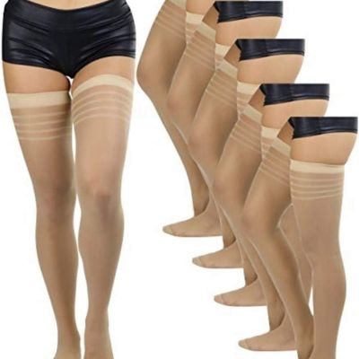 Women’S Pack of 6 Top Stripe Band Sheer Thigh High Stockings