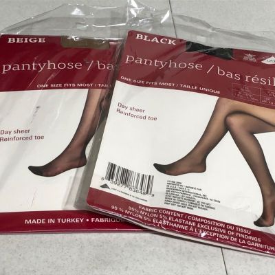 Juncture 2 pc Day Sheer Black Beige Reinforced Toe Pantyhose One Size S/M/L NEW