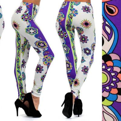 Bright FLORAL Geometric Womens Leggings ONE SIZE Fits 6-12 Purple Lime  Green