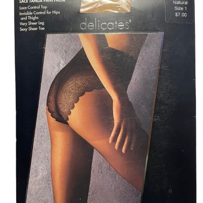 Vintage Silky Nylon Pantyhose Very Sheer Lace Tanga Control Top Size 1 Natural