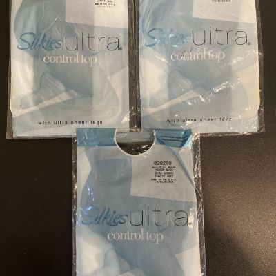 Silkies Ultra Control Top Medium Jet Black Pantyhose Lot Of 3 New NWT