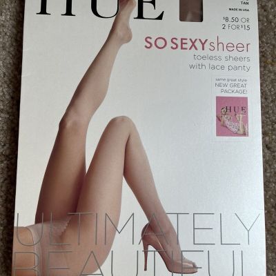 NIP Size 3 Hue So Sexy Sheer Toeless Sheers With Lace Panty Color Tan Made in US