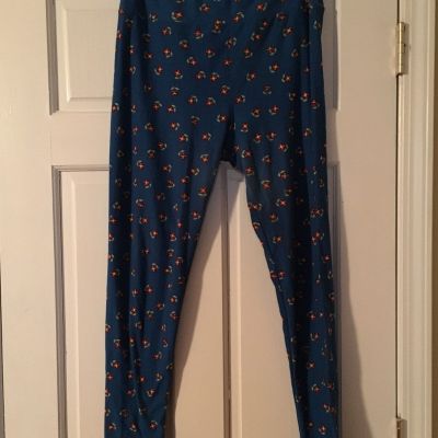 LuLaRoe Leggings Tall & Curvy Floral Print Bright Blue with Red Flowers