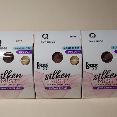 L'eggs Silken Mist 3 Pair Ultra Sheer Tights Sun Beige Size Q Control Top