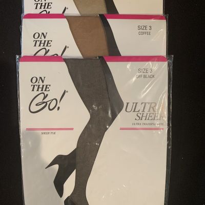 3-pair LOT On-the-GO ULTRA SHEER Pantyhose  Sz 3 OFF BLACK,COFFEE,PLATINA ~ NEW!