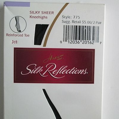 HANES Silk Reflections Kneehigh Stockings #775 JET BLACK Reinforced Toe 2 Pr