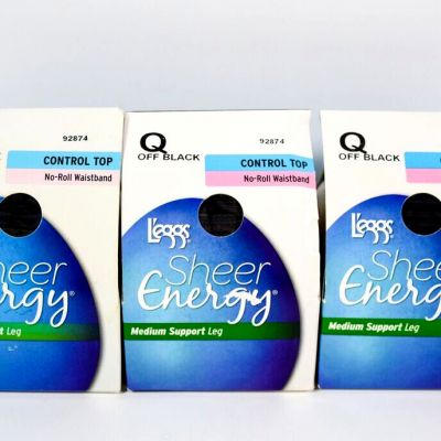 Lot 3 Pairs Off Black L'EGGS Energy Sheer Toe Reinforced Pantyhose Control Top Q
