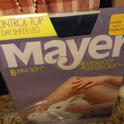 Mayer Pantyhose Control Top Sheer Leg Sandalfoot Cot-Crotch Med Navy 100perc Nylon