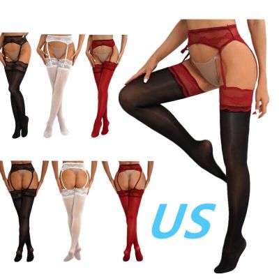 US Women's High Waist Suspender Pantyhose Cutout Lace Patchwork Stockings Tights