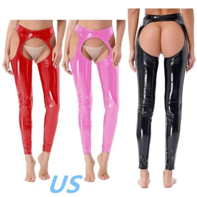 US Women Wet Look High Waist Cutout Leggings Sexy Leather Open Butt Long Pants