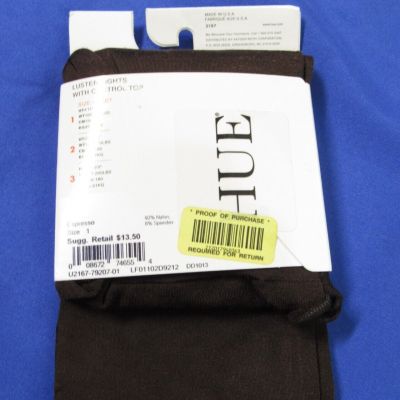 NWT HUE Women's Comfy Stretch LUSTER TIGHTS With CONTROL TOP Espresso Sz 1