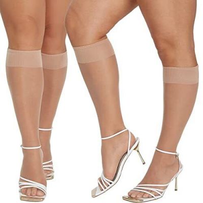 MANZI Plus Size Knee High Stockings for Women 6 Pairs Sheer Nylons Natural 3X...