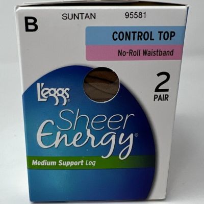 2 PR L'eggs Sheer Energy Control Top Medium Support Pantyhose Suntan Size B
