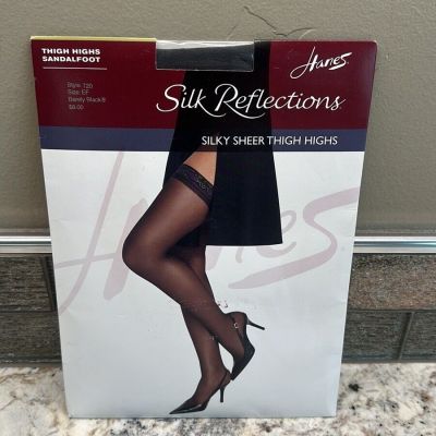 Hanes Silk Reflections Stockings Silky Sheer Thigh Highs Sz EF 720 Barely Black