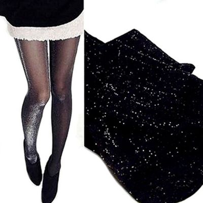 Ladies' Black Shiny Pantyhose with Silver Glitter for a Sparkly Look