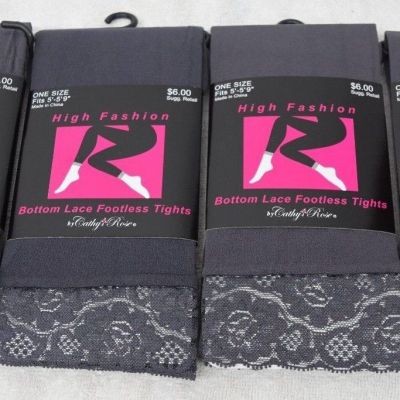 4 NWT Gray Footless Opaque Tights Pantyhose Lace Bottom O/S 5'-5'9