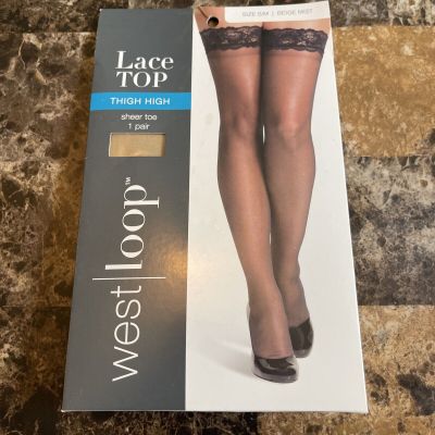 West Loop Thigh High Lace Top Silky Leg Sheer Toe S/M Beige Mist New Fast Ship