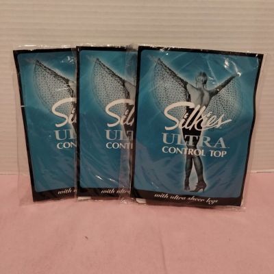 Lot of (3) SILKIES Ultra Control Top PANTYHOSE 030502 Queen BEIGE X-Large