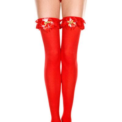Red Opaque Ruffle Top Thigh High Stocking Bow Jingle Bell Christmas Holiday O/S