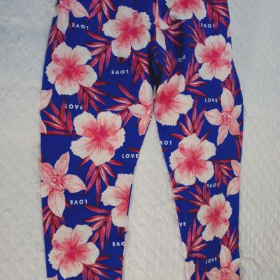 Jr Womens Capri Leggings S 3-5 Bright Blue PINK FLOWERS Love Tropical