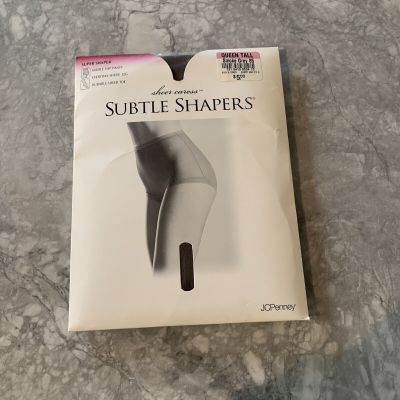 JCPenny Sheer Caress Subtle Shapers Pantyhose Smoke Grey Girdle Top Queen Tall