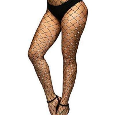 Women Fishnet Stockings Sparkly Rhinestone High Waist Tights Sexy One Size C