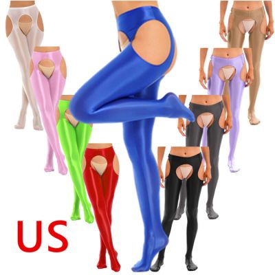 US Women's Oil Glossy Pantyhose Nylon Spandex Tights Opaque Hollow Out Pants