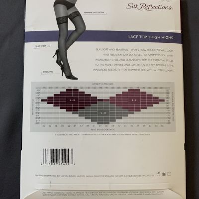 Hanes Silk Reflections Lace Top Sheer Toe Thigh-Hi Barely Black Stockings Sz EF