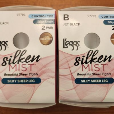 Leggs Silken Mist 4 PAIR JET BLACK B Control Top Silky Sheer Leg Tights