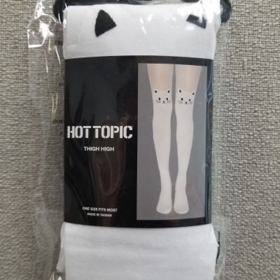 HOT TOPIC  CUTE WHITE   OPAQUE CAT FACE FAUX THIGH HIGH TIGHTS O/S HARD 2 FIND