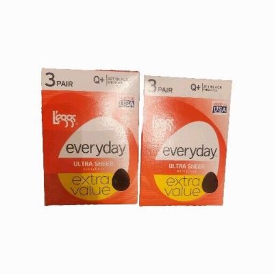 Leggs Everyday Ultra Sheer Pantyhose 6 Pair Lot Of 2 Jet BLACK Q+