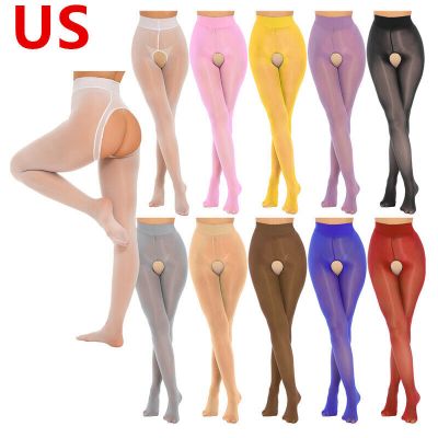 US Women's See Through Crotchless Pantyhose Glossy Smooth Mid Waist Stocking