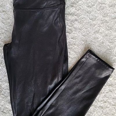 SPANX Women's Faux Leather Black Mid-Rise Leggings Stretch | Size Large Petite