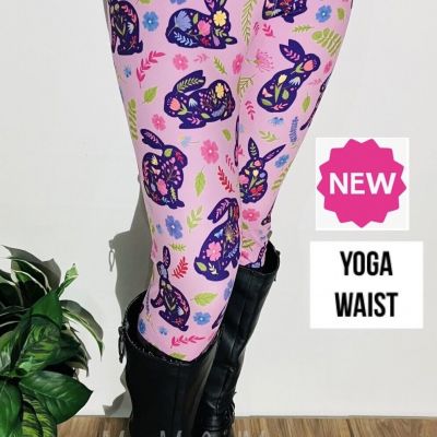 NEW OS Womens Purple Bunny Spring Leggings YOGA WAIST (soft as Lularoe)