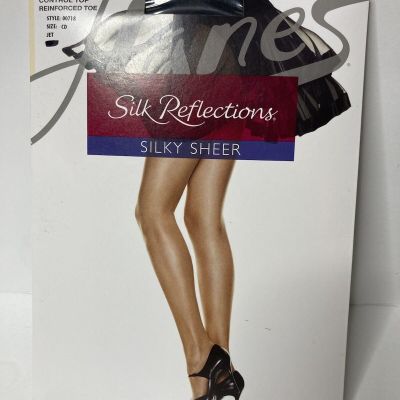 HANES Silk Reflections Pantyhose Silky Sheer Size CD Control Top Jet Black