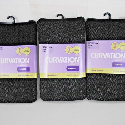 3 Curvation Textured Tights Tummy Smoother SIZE 1, CHEVRON PATTEREN BLACK