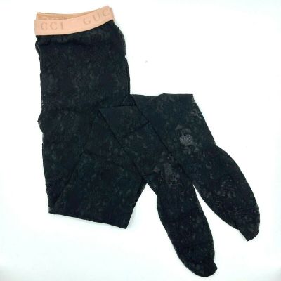 Gucci Women's Black Floral Lace Tights with Pink Logo Waistband S 536458 1000