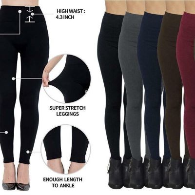 2 Women's Fleece Lined Leggings High Waisted 2in Band Slim Winter Warm PLus Size