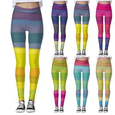 Women Casual Fashion Tight High Waist Sports Yoga Pants Colorful Striped