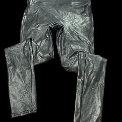 Spanx Black Faux Leather Glitter Style Compression Leggings Sz Medium 27”