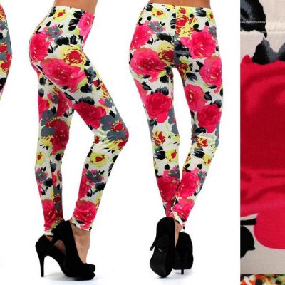 Bright FLORAL CHIC womens Leggings ONE SIZE Fits 6-12 Pink Red ROSES
