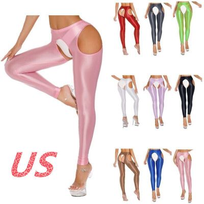 US Women Glossy Crotchless Pantyhose Lingerie Stretchy Tights Yoga Workout Pants