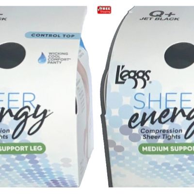 L’eggs Sheer Energy Control Top Sheer Toe Pantyhose Q+ JET BLACK Extra Large 2Pk