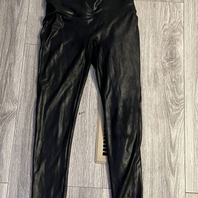 Spanx Faux Leather Shiny Textured Black Leggings Womens Large Used