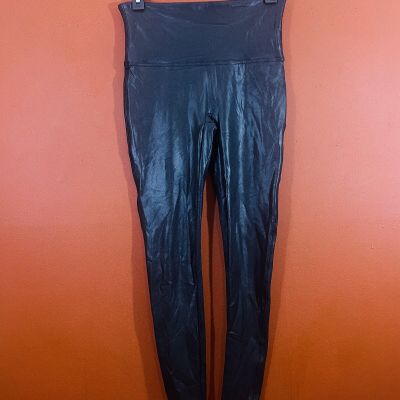 Spanx Faux Leather Leggings Size Large High Waist Black Shiny Ankle Stretch EUC