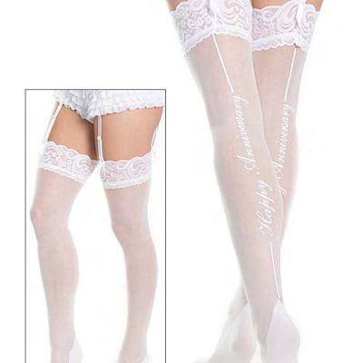 Happy Anniversary Back Seam Stockings Cuban Heel White Hosiery Womens One Size