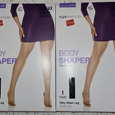 Lot Of 2 Hanes Style Essentials Body Shaper Pantyhose Silky Sheer 3X / 4X Black